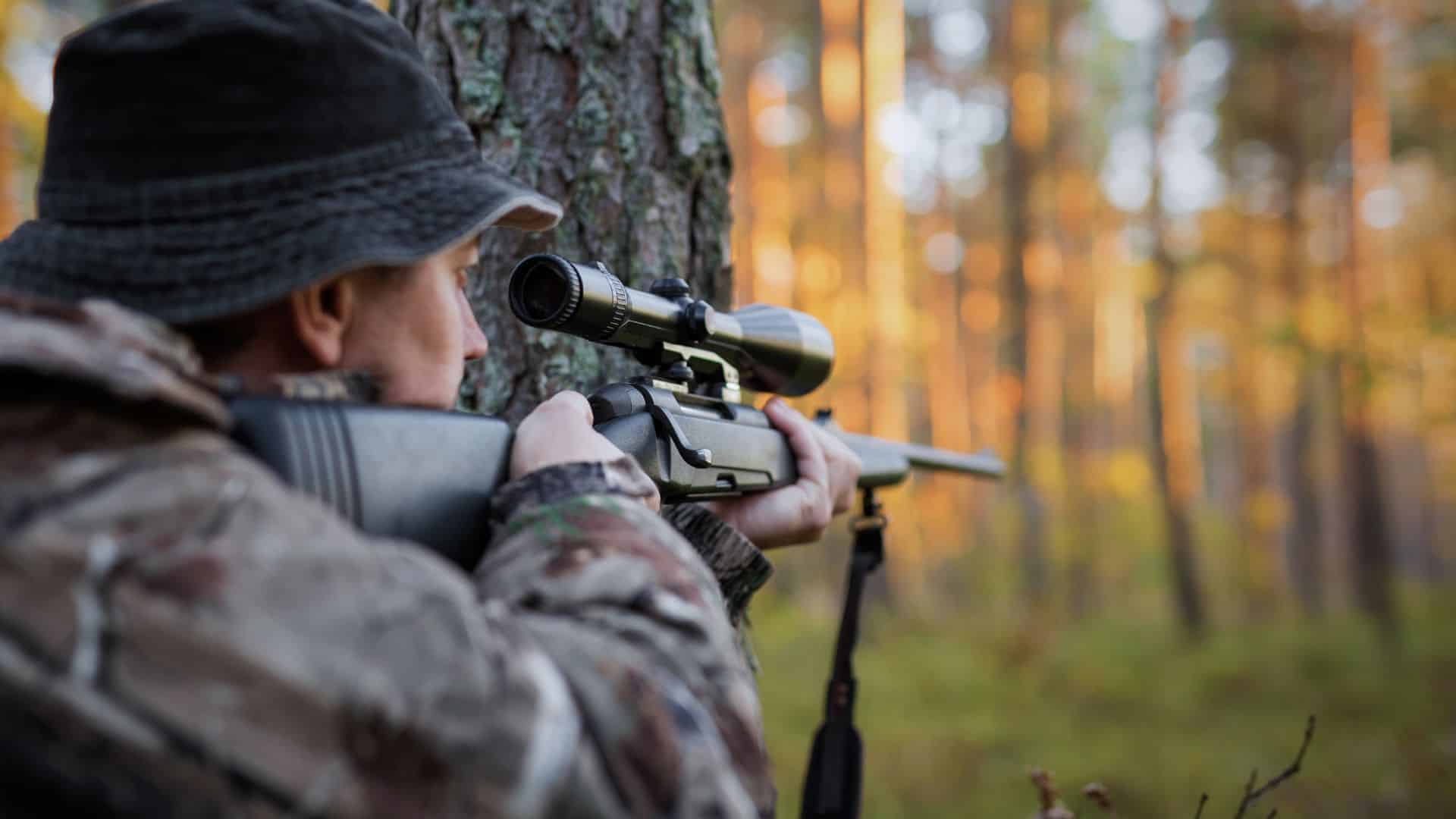 hunter dressed in camo leaning around a tree, aiming down the scoped sights of his rifle